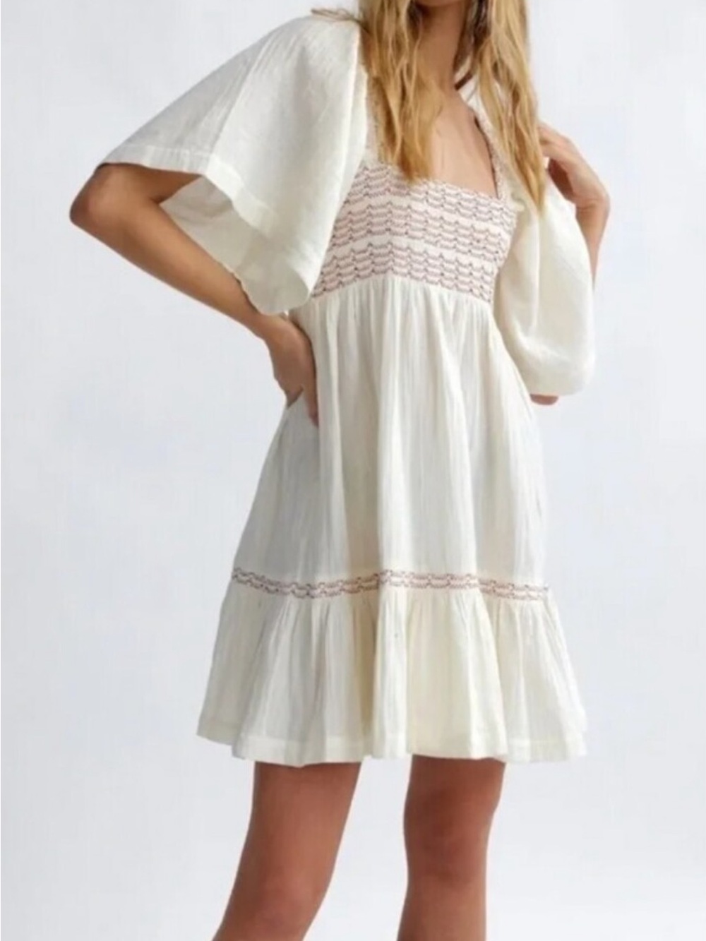 Free People Easy to Love Cream Smocked Square-Neck Mini Dress